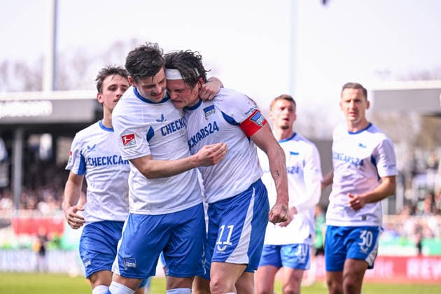 08.03.2026, Fussball, 2. Bundesliga, 25. Spieltag Saison 2025 2026, Preußen Münster - Hertha BSC, Fabian Reese (Hertha BSC) freut sich über das Tor zum 0:1, xRHR-FOTO TKx