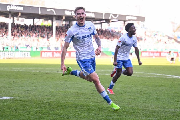 08.03.2026, Fussball, 2. Bundesliga, 25. Spieltag Saison 2025 2026, Preußen Münster - Hertha BSC, Marten Winkler (Hertha BSC) freut sich über das Tor zum 1:2, xRHR-FOTO TKx