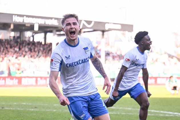 08.03.2026, Fussball, 2. Bundesliga, 25. Spieltag Saison 2025 2026, Preußen Münster - Hertha BSC, Marten Winkler (Hertha BSC) freut sich über das Tor zum 1:2, xRHR-FOTO TKx