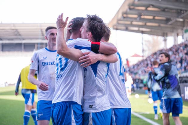 08.03.2026, Fussball, 2. Bundesliga, 25. Spieltag Saison 2025 2026, Preußen Münster - Hertha BSC, Marten Winkler (Hertha BSC) freut sich über das Tor 1:2 mit der Mannschaft, xRHR-FOTO TKx