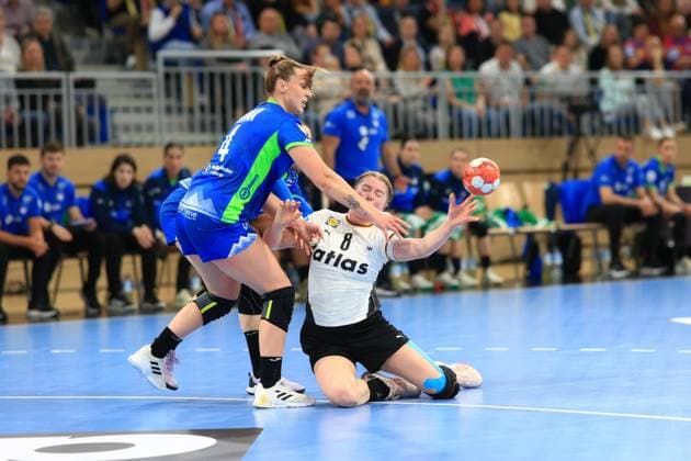 Szene mit Nina Engel (8; Deutschland) und Erin Novak (4; Slowenien) Handball I Frauen I EM-Qualifikation Nationalmannschaft I Deutschland – Slowenien I 08.03.2026