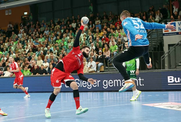 08.03.2026, xovx, Handball Daikin Handball Bundesliga, HSG Wetzlar - MT Melsungen v.l. Ruben Marchan (MT Melsungen), Andreas Palicka (HSG Wetzlar) Wetzlar Buderus-Arena Hessen Deutschland (DE)
