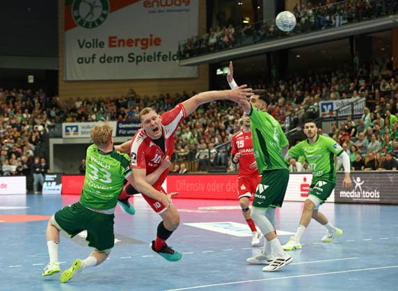 08.03.2026, xovx, Handball Daikin Handball Bundesliga, HSG Wetzlar - MT Melsungen v.l. Georg Löwen (HSG Wetzlar), Dainis Kristopans (MT Melsungen), Filip Vistorop (HSG Wetzlar), Stefan Cavor (HSG Wetzlar) Wetzlar Buderus-Arena Hessen Deutschland (DE)