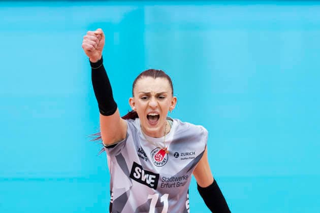 1. Volleyball Bundesliga Frauen: Schwarz-Weiss Erfurt vs. Dresdner SC; Erfurt; 08.03.2026 Jubel, Isabel KovaÄiÄ‡ ( 11; Schwarz-Weiss Erfurt) 1. Volleyball Bundesliga Frauen: Schwarz-Weiss Erfurt vs. Dresdner SC; Riethsporthalle Erfurt; 08.03.2026 Copyright: xBEAUTIFULxSPORTS Duehringx