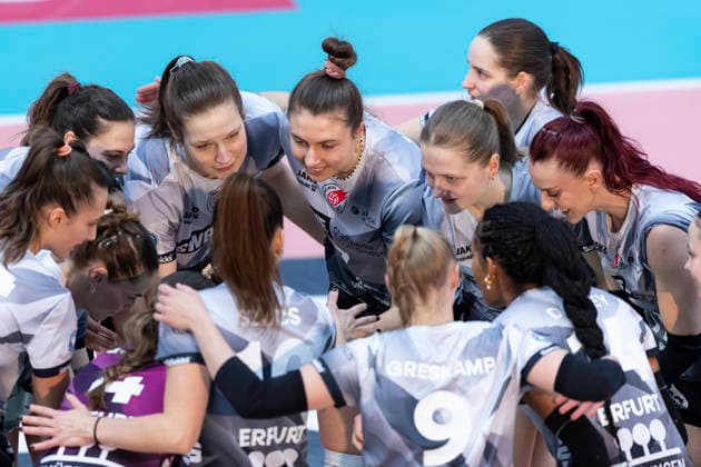 1. Volleyball Bundesliga Frauen: Schwarz-Weiss Erfurt vs. Dresdner SC; Erfurt; 08.03.2026 Schwarz-Weiss Erfurt. 1. Volleyball Bundesliga Frauen: Schwarz-Weiss Erfurt vs. Dresdner SC; Riethsporthalle Erfurt; 08.03.2026 Copyright: xBEAUTIFULxSPORTS Duehringx