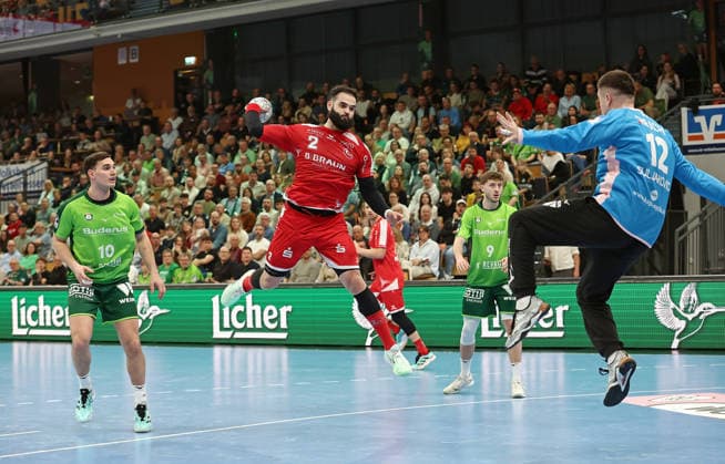 08.03.2026, xovx, Handball Daikin Handball Bundesliga, HSG Wetzlar - MT Melsungen v.l. Josip Simic (HSG Wetzlar), Ruben Marchan (MT Melsungen), Niklas Theiß (HSG Wetzlar), Anadin Suljakovic (HSG Wetzlar) Wetzlar Buderus-Arena Hessen Deutschland (DE)