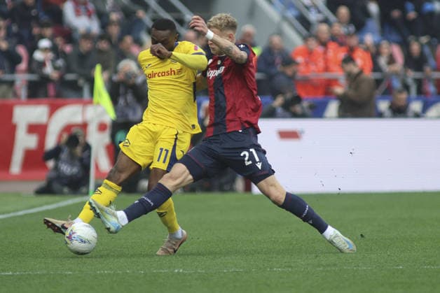 CALCIO - Serie A - Bologna FC vs Hellas Verona FC Jean-Daniel Akpa Akpro of Hellas Verona FC battle for the ball with Jens Odgaard of Bologna FC during Bologna FC vs Hellas Verona, 28Â° Serie A Enilive 2025-26 game at Renato Dall Ara stadium in Bologna (BO), Italy, on March 08, 2026. Bologna Italy  Copyright: xIPAxSport ABACAx