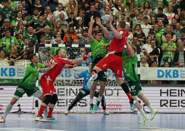 08.03.2026, xovx, Handball Daikin Handball Bundesliga, HSG Wetzlar - MT Melsungen v.l. Jona Schoch (HSG Wetzlar), Arnar Freyr Arnarsson (MT Melsungen), Andreas Palicka (HSG Wetzlar), Josip Simic (HSG Wetzlar), Dainis Kristopans (MT Melsungen), Georg Löwen (HSG Wetzlar) Wetzlar Buderus-Arena Hessen Deutschland (DE)