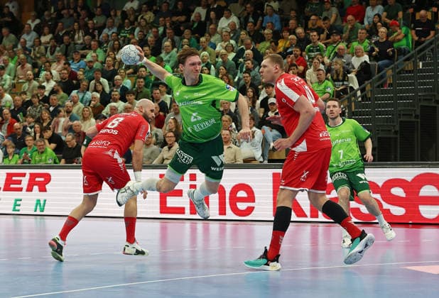 08.03.2026, xovx, Handball Daikin Handball Bundesliga, HSG Wetzlar - MT Melsungen v.l. Adrian Sipos (MT Melsungen), Justin Müller (HSG Wetzlar), Dainis Kristopans (MT Melsungen), Dominik Mappes (HSG Wetzlar) Wetzlar Buderus-Arena Hessen Deutschland (DE)