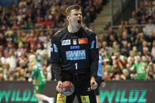 08.03.2026, xgox, Handball - Daikin HBL SC Magdeburg - TSV Hannover-Burgdorf emspor, v.l. Sergey Hernandez Ferrer (Magdeburg, 1) Jubelt ueber gehaltenen Ball, abgewehrt, gehalten, Torhueter Magdeburg