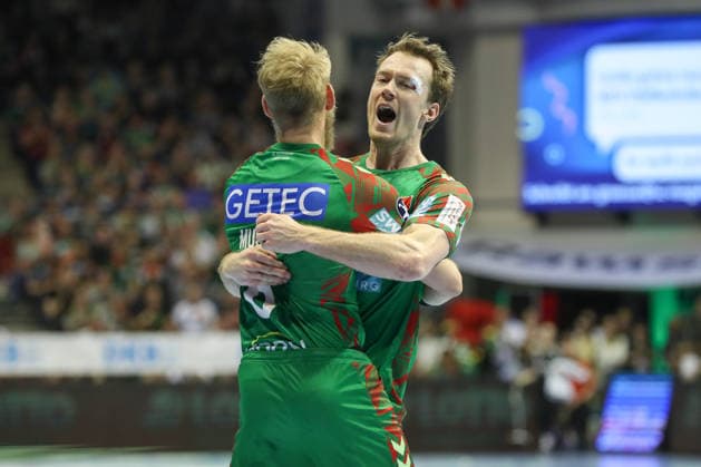 08.03.2026, xgox, Handball - Daikin HBL SC Magdeburg - TSV Hannover-Burgdorf emspor, v.l. Matthias Musche (Magdeburg, 6) und Felix Claar (Magdeburg, 7) Jubel, Torjubel, jubelt ueber das Tor, celebrate the goal, celebration Magdeburg