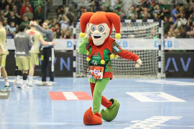 08.03.2026, xgox, Handball - Daikin HBL SC Magdeburg - TSV Hannover-Burgdorf emspor, v.l. Till Eulenspiegel (SC Magdeburg, Maskottchen) Magdeburg