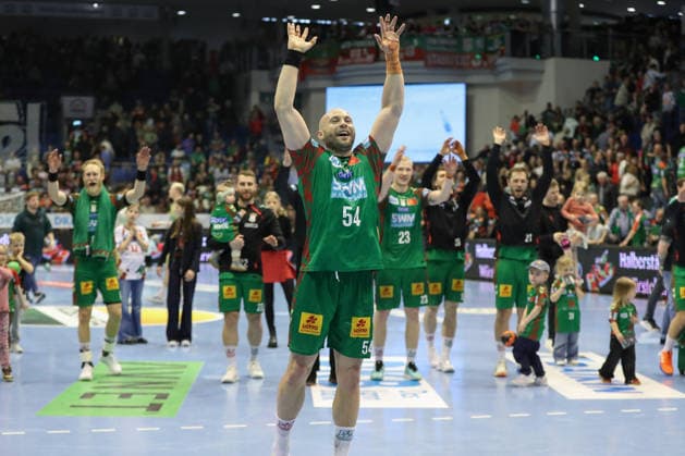 08.03.2026, xgox, Handball - Daikin HBL SC Magdeburg - TSV Hannover-Burgdorf emspor, v.l. Oscar Bergendahl (Magdeburg, 54) Jubel ueber den Sieg, Jubel nach Spielende Magdeburg