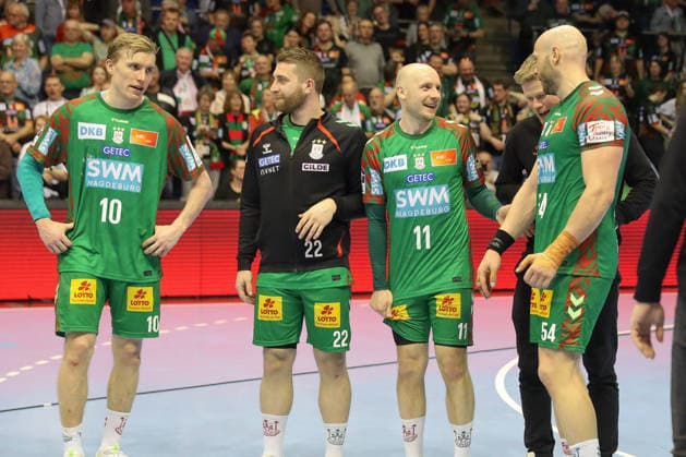 08.03.2026, xgox, Handball - Daikin HBL SC Magdeburg - TSV Hannover-Burgdorf emspor, v.l. Gisli Thorgeir Kristjansson (Magdeburg, 10), Lukas Mertens (Magdeburg, 22), Daniel Pettersson (Magdeburg, 11) Jubel ueber den Sieg, Jubel nach Spielende Magdeburg