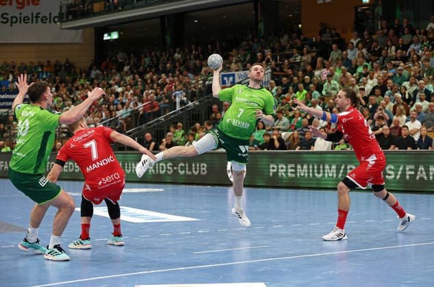 08.03.2026, xovx, Handball Daikin Handball Bundesliga, HSG Wetzlar - MT Melsungen v.l. Josip Simic (HSG Wetzlar), David Mandic (MT Melsungen), Dominik Mappes (HSG Wetzlar), Olle Forsell Schefvert (MT Melsungen) Wetzlar Buderus-Arena Hessen Deutschland (DE)