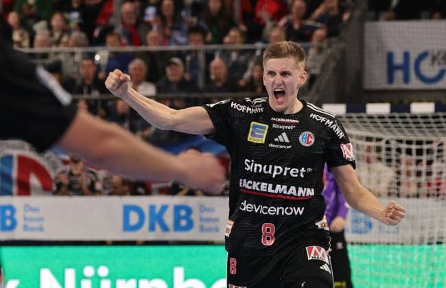 08.03.2026 - Handball - 1. Bundesliga DAIKIN HBL - Saison 2025 2026 - 24. Spieltag: HC Erlangen Metropolregion Nürnberg HCE - GWD Minden - DaMa - xdaxmax - Sander Andreassen Overjordet ( 8, HC Erlangen HCE ) ballt Faust Fäuste freut sich Freude