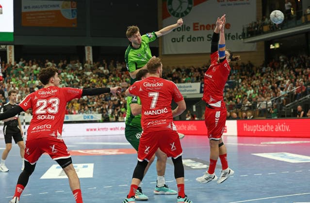 08.03.2026, xovx, Handball Daikin Handball Bundesliga, HSG Wetzlar - MT Melsungen v.l. Marti Soler (MT Melsungen), Dominik Mappes (HSG Wetzlar), Niklas Theiß (HSG Wetzlar), David Mandic (MT Melsungen), Olle Forsell Schefvert (MT Melsungen) Wetzlar Buderus-Arena Hessen Deutschland (DE)
