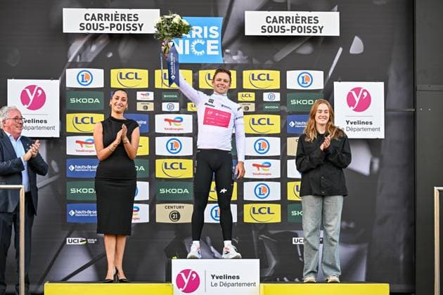 American Luke Lamperti of EF& 8239,Education& 8209 and EasyPost pictured on the podium after the first stage of 84th edition of the Paris-Nice cycling race, 170,9 km from Archeres to Carrieres-sous-Poissy, Sunday 08 March 2026. DAVIDxPINTENS  x166871403x