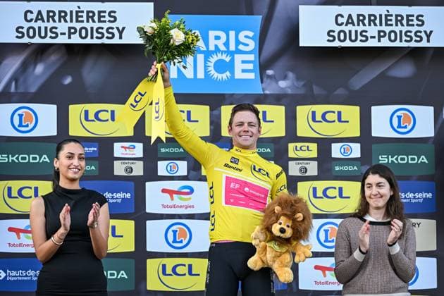 American Luke Lamperti of EF& 8239,Education& 8209 and EasyPost pictured on the podium after the first stage of 84th edition of the Paris-Nice cycling race, 170,9 km from Archeres to Carrieres-sous-Poissy, Sunday 08 March 2026. DAVIDxPINTENS  x166871638x