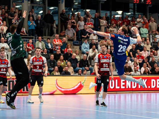 Tobias Heinzelmann (HBW Balingen-Weilstetten, 28) beim Torwurf gegen Kristian van der Merwe (HSG Nordhorn Lingen, 01) HSG Nordhorn-Lingen vs. HBW Balingen-Weilstetten , Handball, 2. Bundesliga, 23. Spieltag, Saison 2025 2026, 08.03.2026 HSG Nordhorn-Lingen vs. HBW Balingen-Weilstetten , Handball, 2. Bundesliga, 23. Spieltag, Saison 2025 2026, 08.03.2026 Nordhorn Copyright: xEibner-Pressefoto DamianxKruczynx EP_DKI
