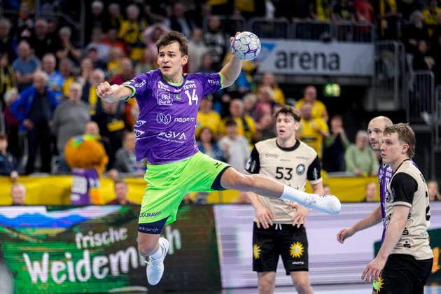 Torschütze Gino Steenaerts (RNL, 14), erzielt das Tor zum 28:25, Endstand, Treffer, Torerfolg, Highlight, Action, Aktion, Spielszene, 08.03.2026, Mannheim (Deutschland), Handball, Bundesliga, Rhein-Neckar Löwen - Bergischer HC
