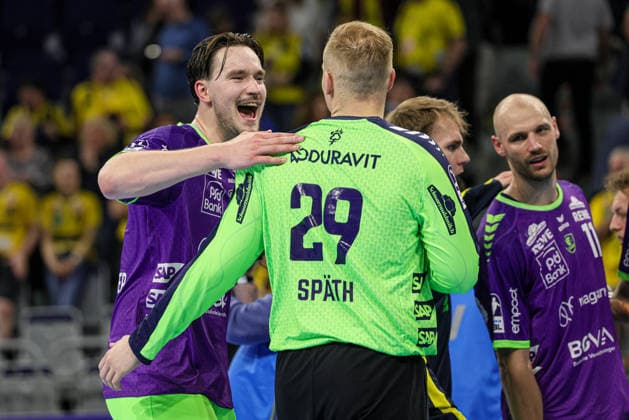 08.03.2026, xhettx, Handball Daikin HBL, Rhein Neckar Loewen - Bergischer HC v.l. Jubel bein Robert Timmermeister (Rhein-Neckar Löwen, 7) und David Späth (Rhein-Neckar Löwen, 29) (DFL DFB REGULATIONS PROHIBIT ANY USE OF PHOTOGRAPHS as IMAGE SEQUENCES and or QUASI-VIDEO)