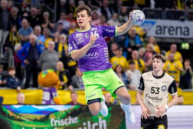Torschütze Gino Steenaerts (RNL, 14), erzielt das Tor zum 28:25, Endstand, Treffer, Torerfolg, Highlight, beim Sprungwurf, Wurf, Torwurf, Action, Aktion, Spielszene, 08.03.2026, Mannheim (Deutschland), Handball, Bundesliga, Rhein-Neckar Löwen - Bergischer HC