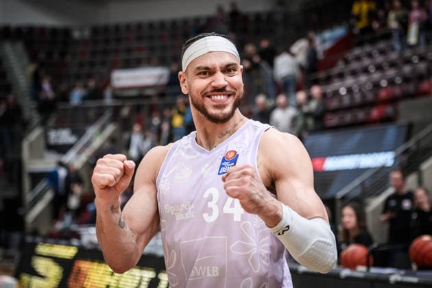 Gavin Schilling (MHP RIESEN Ludwigsburg, 34) - Freude, Jubel, Siegerpose GER, MHP Riesen Ludwigsburg - Veolia Towers Hamburg, Basketball Bundesliga, easycredit BBL, 23. Spieltag, Spielzeit 2025 2026, 08.03.2026 GER, MHP Riesen Ludwigsburg - Veolia Towers Hamburg, Basketball Bundesliga, easycredit BBL, 23. Spieltag, Spielzeit 2025 2026, 08.03.2026 Ludwigsburg Copyright: xSandyxDinkelackerx EP_SDR