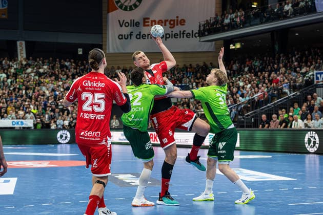 08.03.2026, xovx, Handball Daikin Handball Bundesliga, HSG Wetzlar - MT Melsungen v.l. Olle Forsell Schefvert (MT Melsungen), Jona Schoch (HSG Wetzlar), Dainis Kristopans (MT Melsungen), Georg Löwen (HSG Wetzlar) Wetzlar Buderus-Arena Hessen Deutschland (DE)