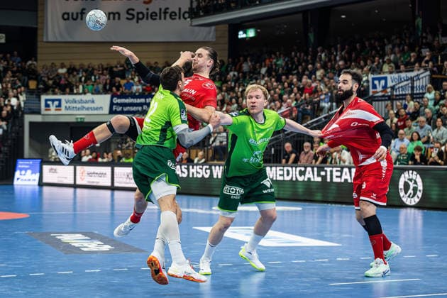08.03.2026, xovx, Handball Daikin Handball Bundesliga, HSG Wetzlar - MT Melsungen v.l. Jona Schoch (HSG Wetzlar), Olle Forsell Schefvert (MT Melsungen), Georg Löwen (HSG Wetzlar), Ruben Marchan (MT Melsungen) Wetzlar Buderus-Arena Hessen Deutschland (DE)