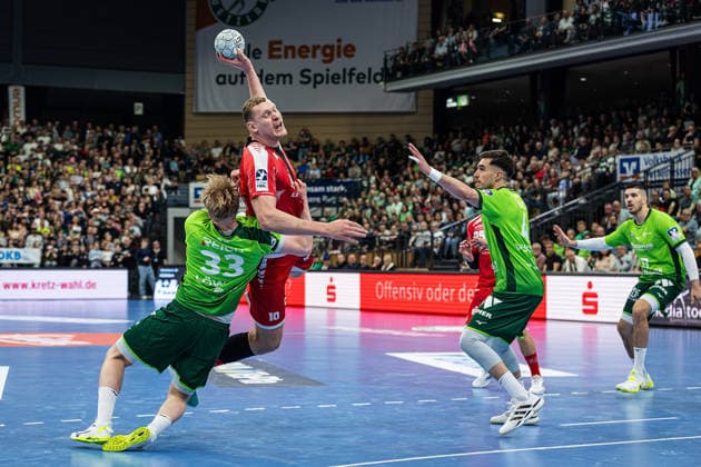 08.03.2026, xovx, Handball Daikin Handball Bundesliga, HSG Wetzlar - MT Melsungen v.l. Georg Löwen (HSG Wetzlar), Dainis Kristopans (MT Melsungen), Josip Simic (HSG Wetzlar), Stefan Cavor (HSG Wetzlar) Wetzlar Buderus-Arena Hessen Deutschland (DE)