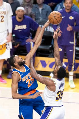 March 8, 2026, Los Angeles, California, USA: Los Angeles LakersÃ¢â‚¬â ¢ Marcus Smart (36) shoots against New York KnicksÃ¢â‚¬â ¢ Mikal Bridges (25) during an NBA, Basketball Herren, USA basketball game at Crypto.com Arena on Sunday, March 8, 2026 in Los Angeles. NBA 2026: Knicks Vs Lakers  - ZUMAc68_ 20260308_zaf_c68_034 Copyright: xRingoxChiux