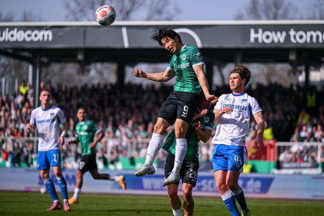08.03.2026, Fussball, 2. Bundesliga, 25. Spieltag Saison 2025 2026, Preußen Münster - Hertha BSC, Shin Yamada (Preußen Münster), Linus Gechter (Hertha BSC) xRHR-FOTO TKx