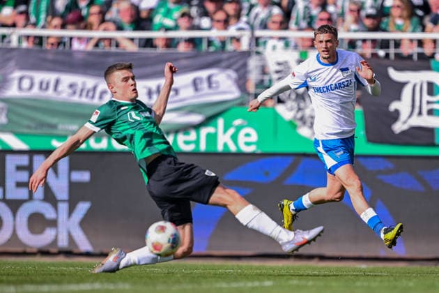08.03.2026, Fussball, 2. Bundesliga, 25. Spieltag Saison 2025 2026, Preußen Münster - Hertha BSC, Torchance MichaÃ«l Cuisance (Hertha BSC), Jano ter Horst (Preußen Münster) xRHR-FOTO TKx