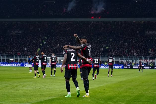 AC Milan v FC Internazionale - Serie A Enilive Pervis Estupinan of AC Milan celebrates with Rafael Leao after scoring first goal during the serie Serie A Enilive match between AC Milan and FC Internazionale at Stadio Giuseppe Meazza on March 8, 2026 in Milan, Italy Milan Stadio Giuseppe Meazza Milan Italy Copyright: xGiuseppexMaffiax 260308_SerieA_Milan-Inter_GM_07925