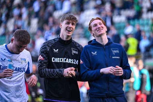 08.03.2026, Fussball, 2. Bundesliga, 25. Spieltag Saison 2025 2026, Preußen Münster - Hertha BSC, Tim Goller (Hertha BSC), Konstantin Heide (Hertha BSC) xRHR-FOTO TKx