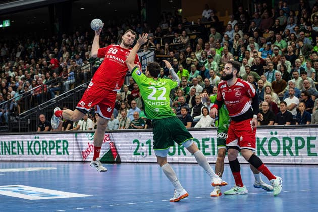 08.03.2026, xovx, Handball Daikin Handball Bundesliga, HSG Wetzlar - MT Melsungen v.l. Uladzislau Kulesh (MT Melsungen), Jona Schoch (HSG Wetzlar), Cyrill Akakpo (HSG Wetzlar), Ruben Marchan (MT Melsungen) Wetzlar Buderus-Arena Hessen Deutschland (DE)