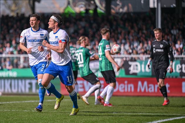 08.03.2026, Fussball, 2. Bundesliga, 25. Spieltag Saison 2025 2026, Preußen Münster - Hertha BSC, Fabian Reese (Hertha BSC) freut sich über das Tor zum 0:1, xRHR-FOTO TKx