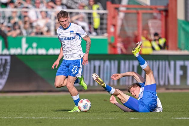 08.03.2026, Fussball, 2. Bundesliga, 25. Spieltag Saison 2025 2026, Preußen Münster - Hertha BSC, Marten Winkler (Hertha BSC), Luca Schuler (Hertha BSC) xRHR-FOTO TKx
