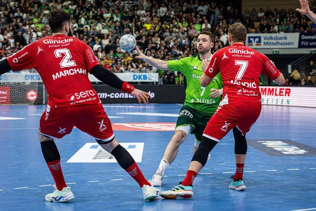 08.03.2026, xovx, Handball Daikin Handball Bundesliga, HSG Wetzlar - MT Melsungen v.l. Ruben Marchan (MT Melsungen), Dominik Mappes (HSG Wetzlar), David Mandic (MT Melsungen) Wetzlar Buderus-Arena Hessen Deutschland (DE)