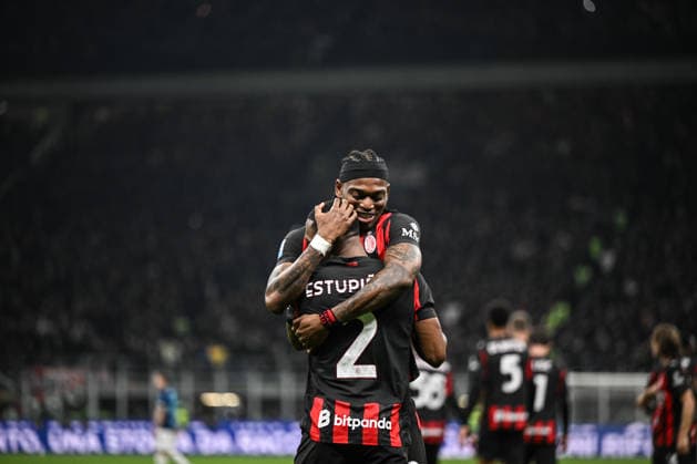 AC Milan v FC Internazionale - Serie A Pervis Estupinan and Rafael Leao of AC Milan celebrate after a goal during the Italian Serie A football match between AC Milan and Inter FC Internazionale at Giuseppe Meazza San Siro Stadium in Milan, Italy, on March 8, 2026. MIlano Italy  Copyright: xTizianoxBallabiox originalFilename:ballabio-acmilana260308_nptJ9.jpg