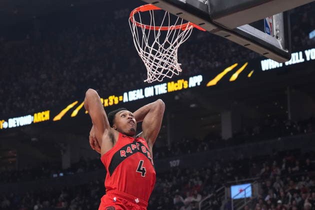 March 8, 2026, Toronto, On, CAN: Toronto Raptors Scottie Barnes (4) scores during first half NBA, Basketball Herren, USA basketball action against the Dallas Mavericks, in Toronto on Sunday, March 8, 2025. Scottie Barnes  - ZUMAc35_ 20260308_zaf_c35_105 Copyright: xChrisxYoungx