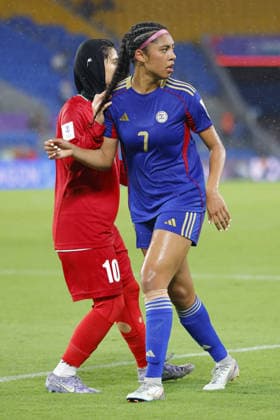 GOLD COAST, AUSTRALIA - MARCH 08 Jael-Marie Guy (7 Philippines) battles for the ball with Fatemeh Pasandideh (10 IR Iran) during the Womens Asian Cup match between Islamic Republic of Iran and Philippines at the Gold Coast Stadium on March 08 2026 in Gold Coast, Australia Copyright: xMatthewxStarlingx xSPPx Sportspressphoto_SPR106276