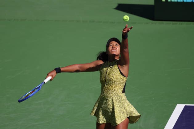 INDIAN WELLS, CA - MARCH 08: Naomi Osaka (JPN) serves during the BNP Paribas Open on March 8, 2026 at Indian Wells Tennis Garden in Indian Wells, CA. (Photo by George Walker Icon Sportswire) TENNIS: MAR 08 BNP Paribas Open EDITORIAL USE ONLY Icon260308149