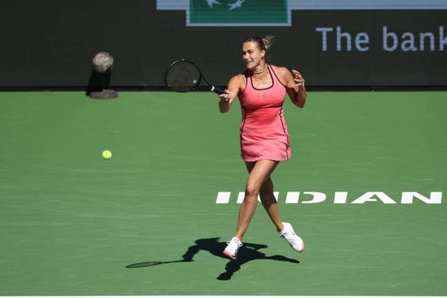 INDIAN WELLS, CA - MARCH 08: Aryna Sabalenka hits a forehand during the BNP Paribas Open on March 8, 2026 at Indian Wells Tennis Garden in Indian Wells, CA. (Photo by George Walker Icon Sportswire) TENNIS: MAR 08 BNP Paribas Open EDITORIAL USE ONLY Icon260308099