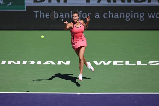 INDIAN WELLS, CA - MARCH 08: Aryna Sabalenka hits a forehand during the BNP Paribas Open on March 8, 2026 at Indian Wells Tennis Garden in Indian Wells, CA. (Photo by George Walker Icon Sportswire) TENNIS: MAR 08 BNP Paribas Open EDITORIAL USE ONLY Icon260308093
