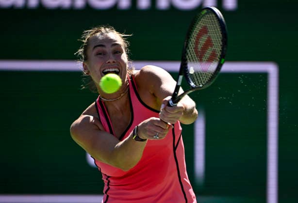 March 08, 2026 Aryna Sabalenka returns a shot against Jaqueline Cristian of Romania during their match at the BNP Paribas Open held at the Indian Wells Tennis Garden in Indian Wells, California. California. Mandatory Photo Credit : CSM Indian Wells United States of America - ZUMAc04_ 20260308_zma_c04_216 Copyright: xCharlesxBausx