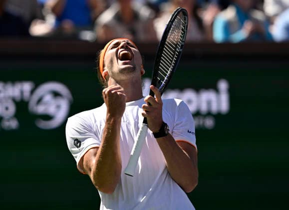 March 08, 2026 Alexander Zverev of Germany reacts to winning match point against Brandon Nakashima during their match at the BNP Paribas Open held at the Indian Wells Tennis Garden in Indian Wells, California. California. Mandatory Photo Credit : CSM Indian Wells United States of America - ZUMAc04_ 20260308_zma_c04_254 Copyright: xCharlesxBausx