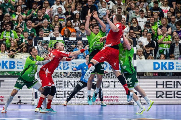 08.03.2026, xovx, Handball Daikin Handball Bundesliga, HSG Wetzlar - MT Melsungen v.l. Jona Schoch (HSG Wetzlar), Arnar Freyr Arnarsson (MT Melsungen), Andreas Palicka (HSG Wetzlar), Josip Simic (HSG Wetzlar), Dainis Kristopans (MT Melsungen), Georg Löwen (HSG Wetzlar) Wetzlar Buderus-Arena Hessen Deutschland (DE)