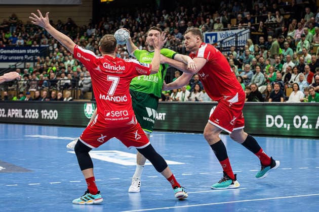 08.03.2026, xovx, Handball Daikin Handball Bundesliga, HSG Wetzlar - MT Melsungen v.l. David Mandic (MT Melsungen), Dominik Mappes (HSG Wetzlar), Dainis Kristopans (MT Melsungen) Wetzlar Buderus-Arena Hessen Deutschland (DE)
